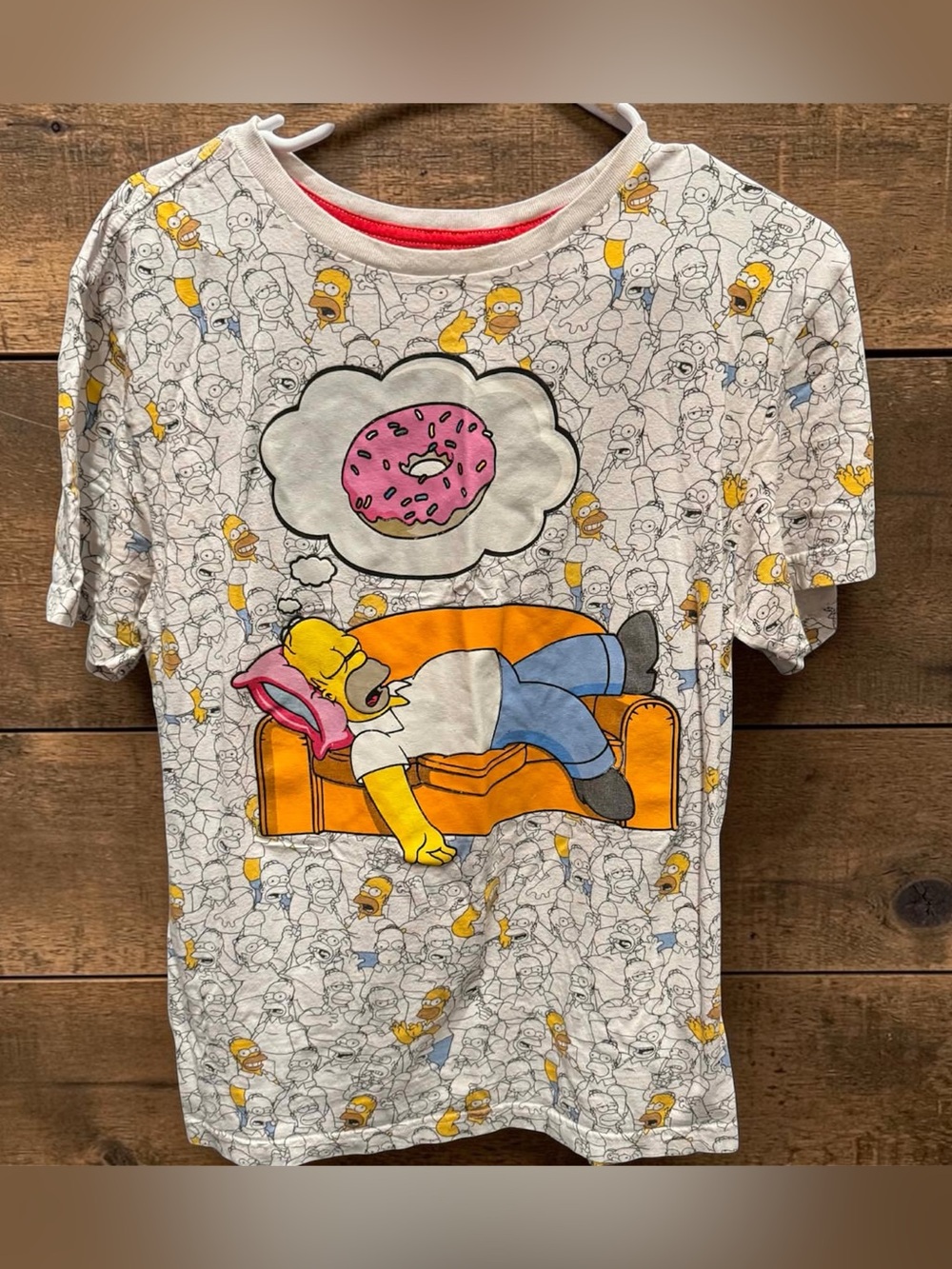 Vintage Simpsons Homer Donut Graphic Tee - White with Yellow & Pink size MEDIUM